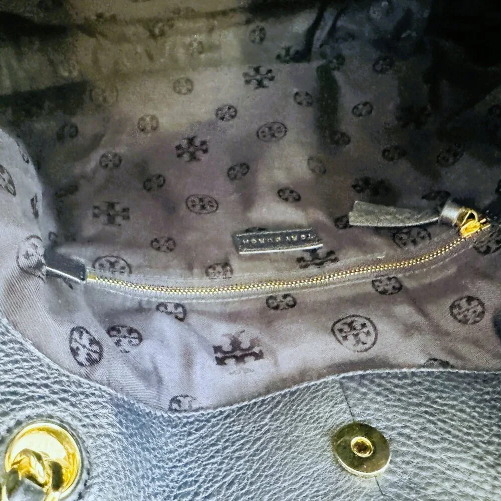 Tory Burch THEA Navy Blue Pebbled Leather‎ Gold Chain Shoulder Tote Bag